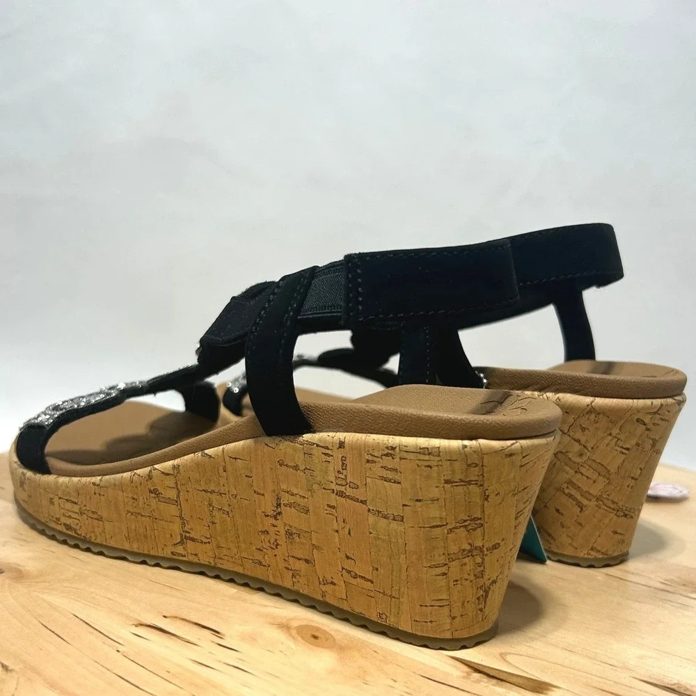 NWT Women's Skechers Beverlee Date Glam Wedge Black Sandal - Size 7